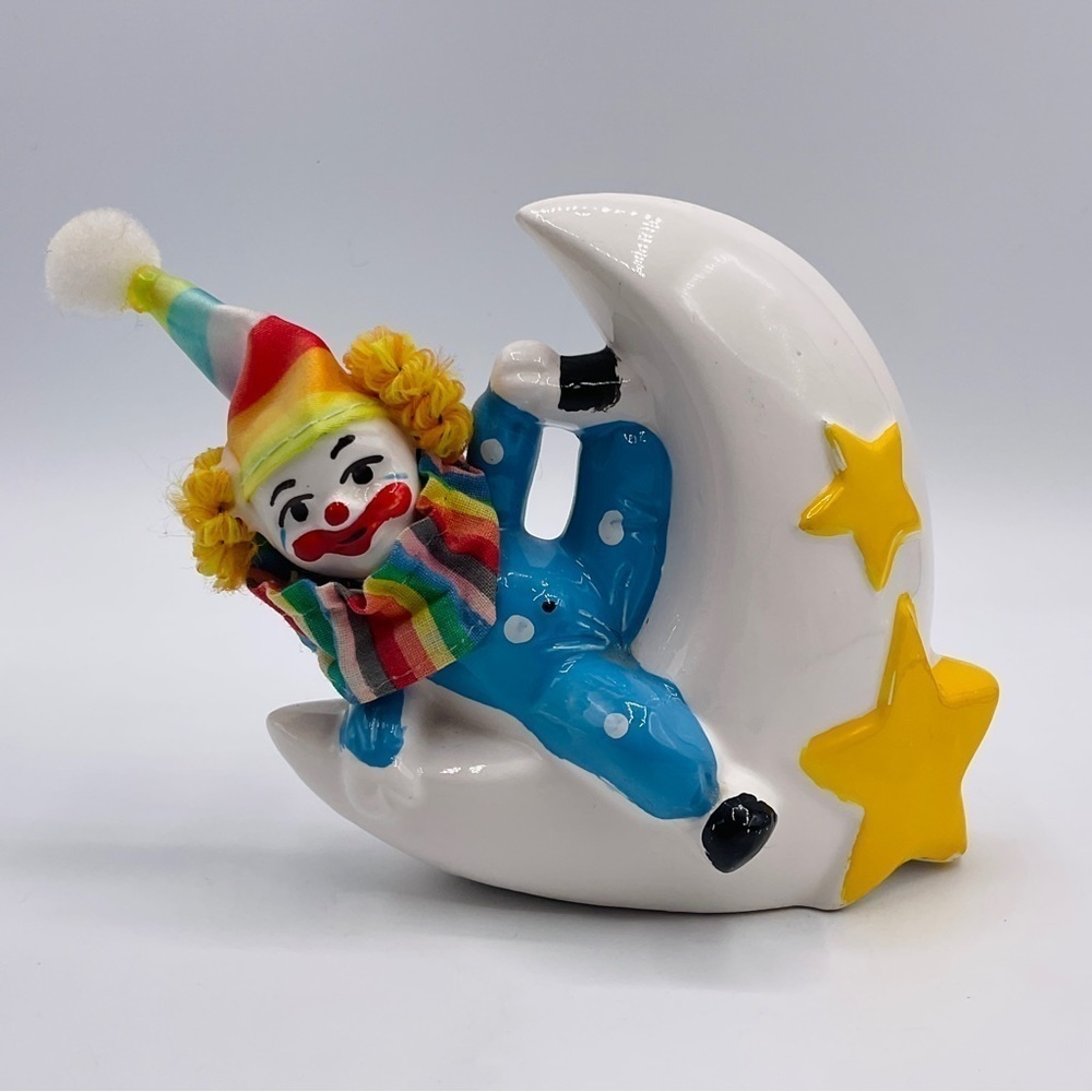 VTG Clown Piggy Bank Ceramic Clown on Crescent Moon Circus Taiwan 80’s Rainbow